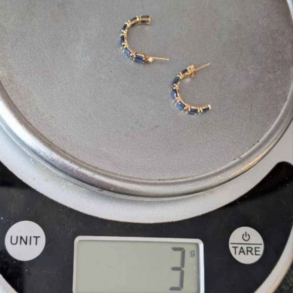 14k solid yellow gold earrings with blue sapphire 3g Hoop Earrings - Picture 7 of 7